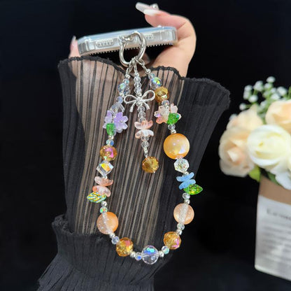 Sweet Floral Beaded Iridescent Crystal Chain, Orange, Pink
