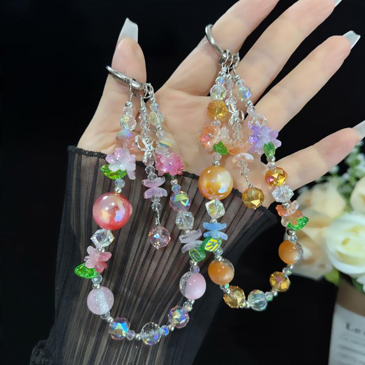 Sweet Floral Beaded Iridescent Crystal Chain, Orange, Pink