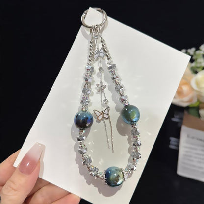 Silver Butterfly Tassel Iridescent Crystal Phone Charm, Green, White, Iridescent