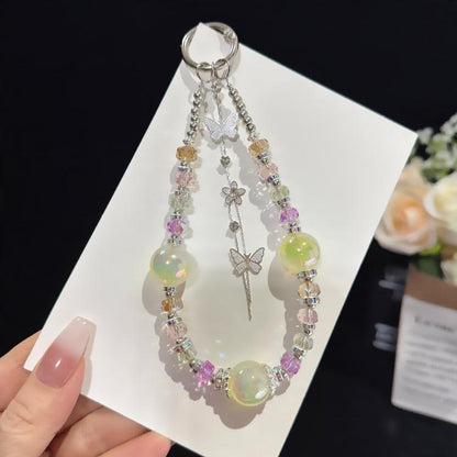 Silver Butterfly Tassel Iridescent Crystal Phone Charm, Green, White, Iridescent