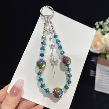Silver Butterfly Tassel Iridescent Crystal Phone Charm, Green, White, Iridescent