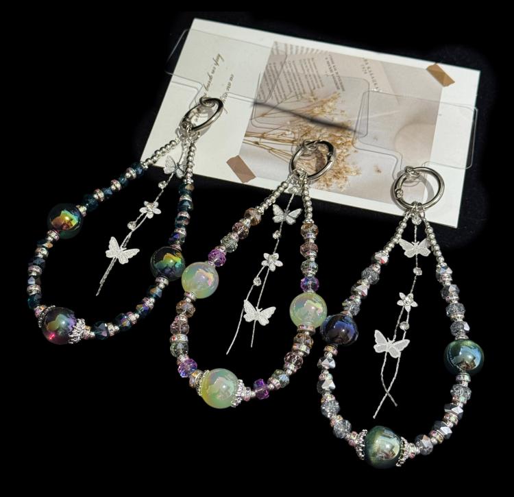 Silver Butterfly Tassel Iridescent Crystal Phone Charm, Green, White, Iridescent