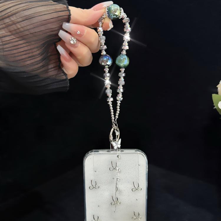 Silver Butterfly Tassel Iridescent Crystal Phone Charm, Green, White, Iridescent