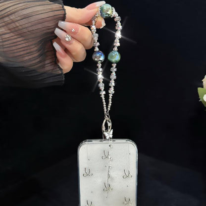 Silver Butterfly Tassel Iridescent Crystal Phone Charm, Green, White, Iridescent