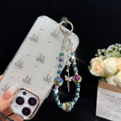 Silver Butterfly Tassel Iridescent Crystal Phone Charm, Green, White, Iridescent
