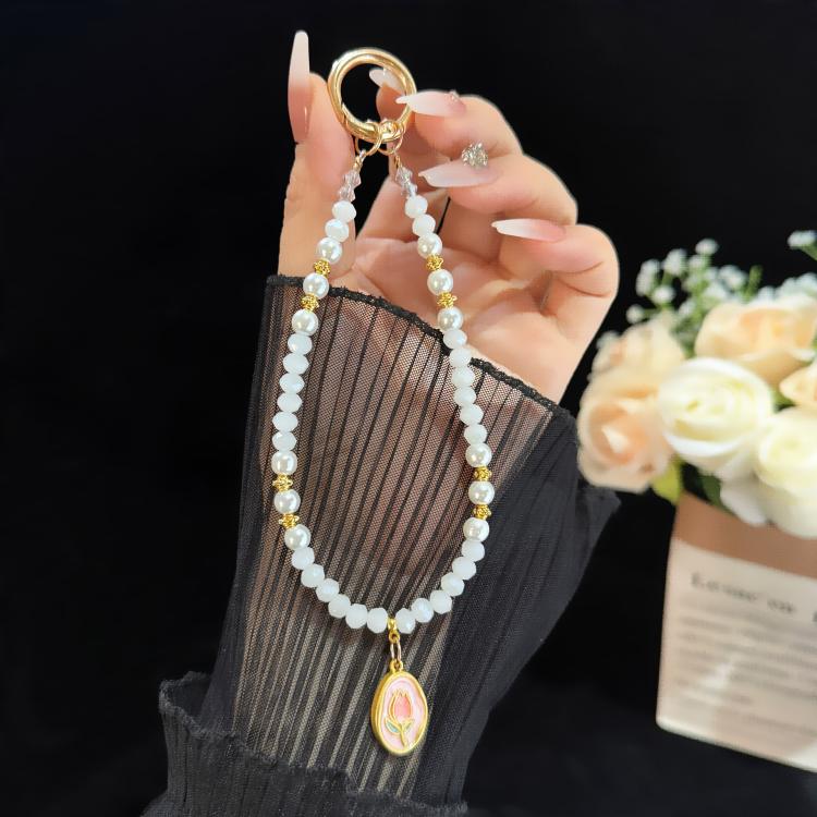 Tulip Jade Bead Bracelet & Phone Charm, White, Pink