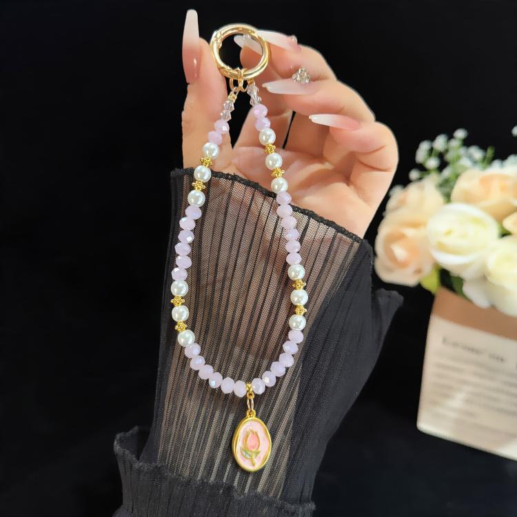 Tulip Jade Bead Bracelet & Phone Charm, White, Pink
