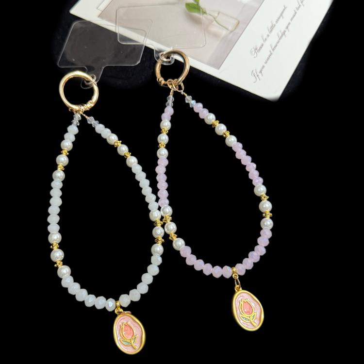 Tulip Jade Bead Bracelet & Phone Charm, White, Pink