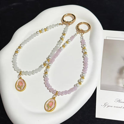 Tulip Jade Bead Bracelet & Phone Charm, White, Pink