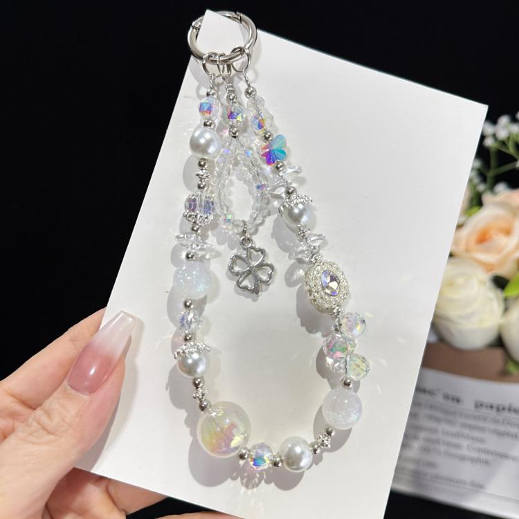 Beaded Leaf Lucky Iridescent Double-Layer Crystal Chain, White, Pink