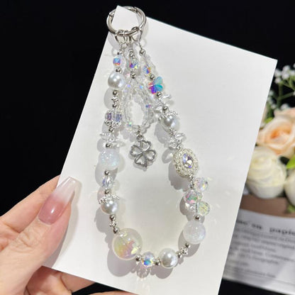 Beaded Leaf Lucky Iridescent Double-Layer Crystal Chain, White, Pink