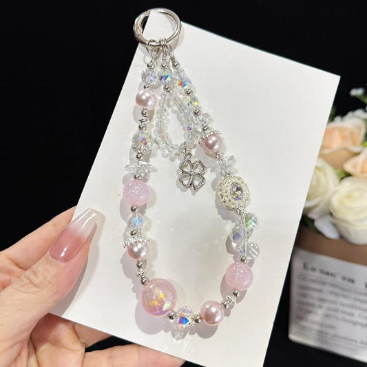 Beaded Leaf Lucky Iridescent Double-Layer Crystal Chain, White, Pink