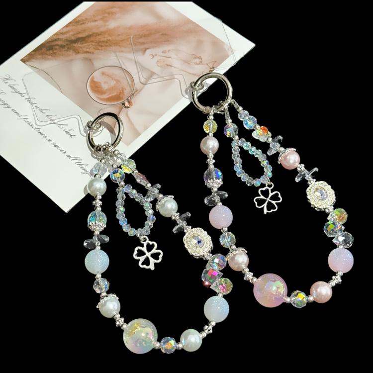 Beaded Leaf Lucky Iridescent Double-Layer Crystal Chain, White, Pink