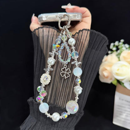 Beaded Leaf Lucky Iridescent Double-Layer Crystal Chain, White, Pink
