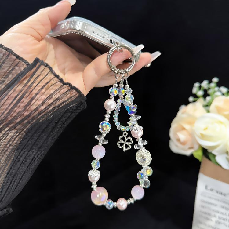 Beaded Leaf Lucky Iridescent Double-Layer Crystal Chain, White, Pink