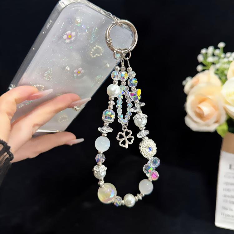 Beaded Leaf Lucky Iridescent Double-Layer Crystal Chain, White, Pink