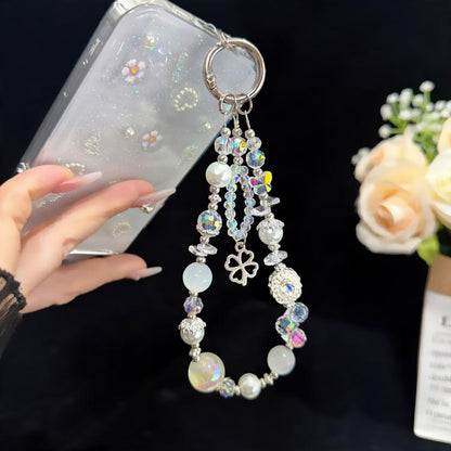 Beaded Leaf Lucky Iridescent Double-Layer Crystal Chain, White, Pink