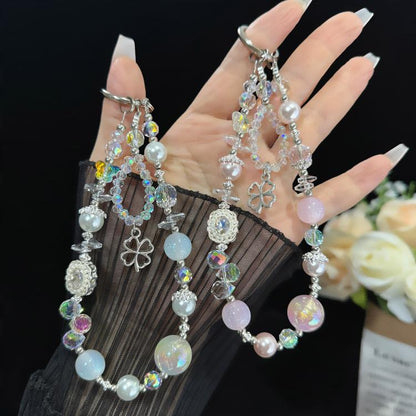Beaded Leaf Lucky Iridescent Double-Layer Crystal Chain, White, Pink