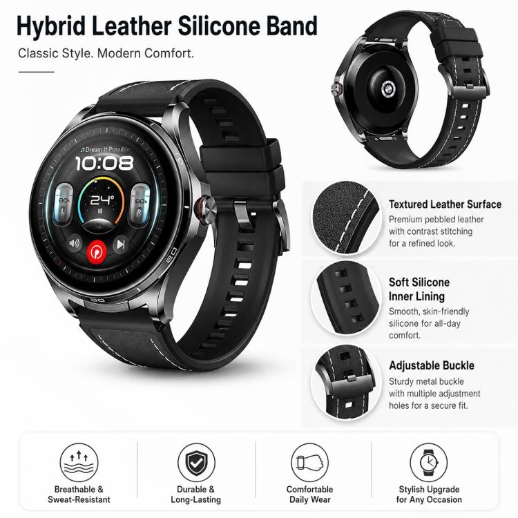 Press Button Quick Release Leather Hybrid Silicone Watch Band, 22mm