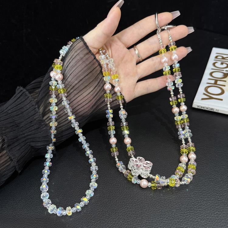 Spring Floral Iridescent Beaded Crossbody Chain, Blue, Pink, Multicolor