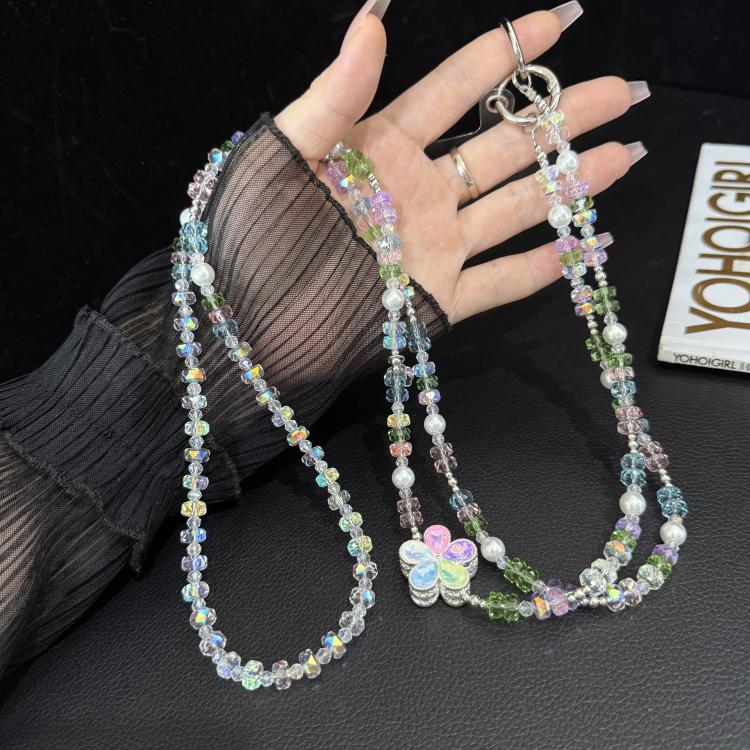 Spring Floral Iridescent Beaded Crossbody Chain, Blue, Pink, Multicolor