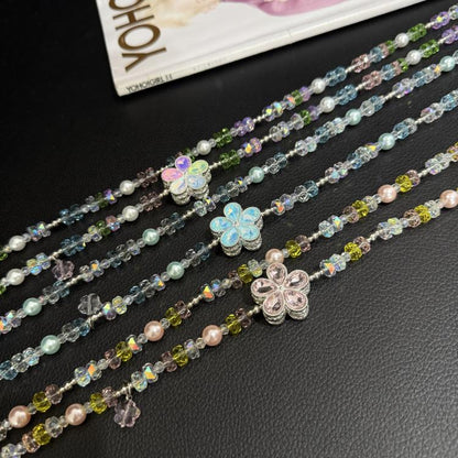 Spring Floral Iridescent Beaded Crossbody Chain, Blue, Pink, Multicolor