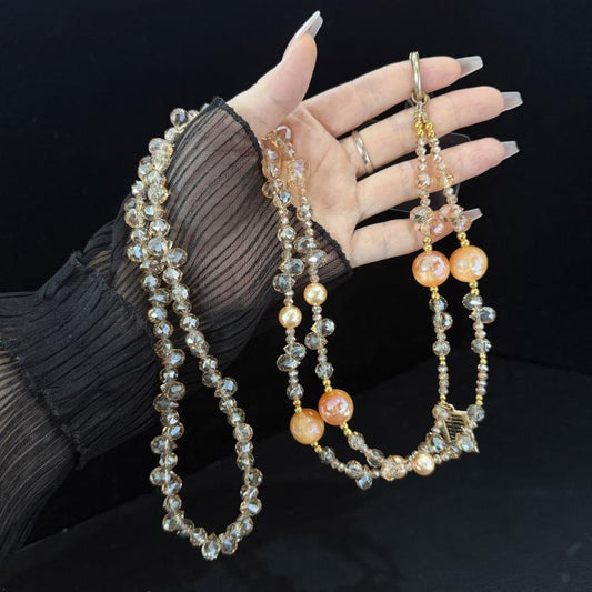 Metal Tag Iridescent Faceted Beaded Crossbody Chain, Orange, White