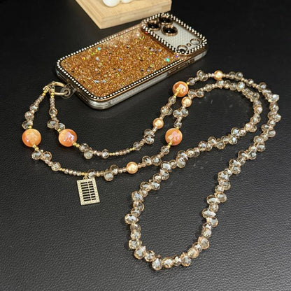 Metal Tag Iridescent Faceted Beaded Crossbody Chain, Orange, White