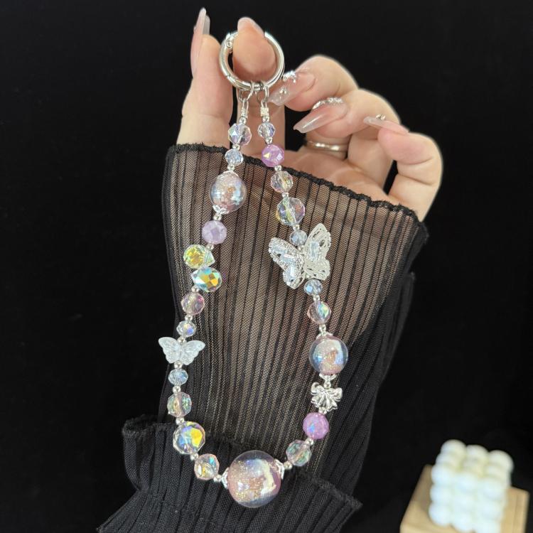 Ice Transparent Gradient Butterfly Crystal Phone Chain, Pink, Blue, White