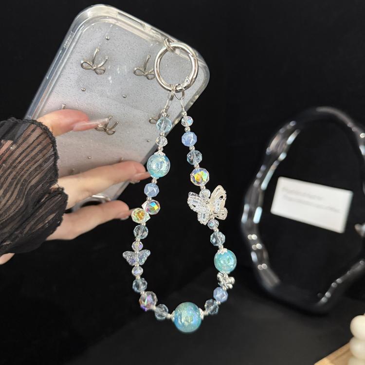 Ice Transparent Gradient Butterfly Crystal Phone Chain, Pink, Blue, White