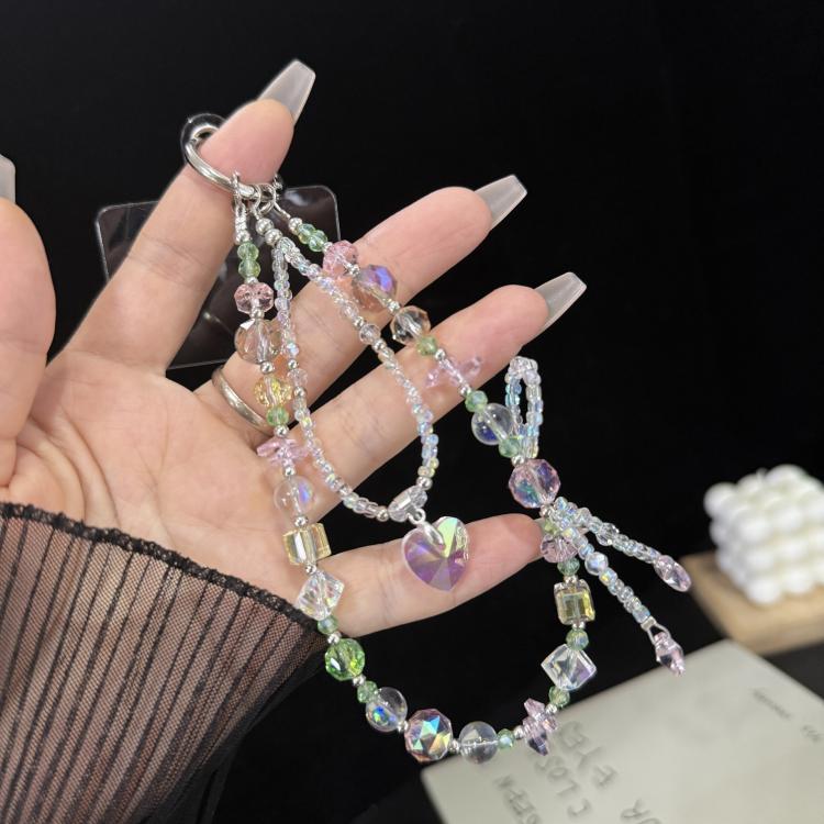 Aurora Heart Faceted Crystal Double Layer Chain, Blue, Pink