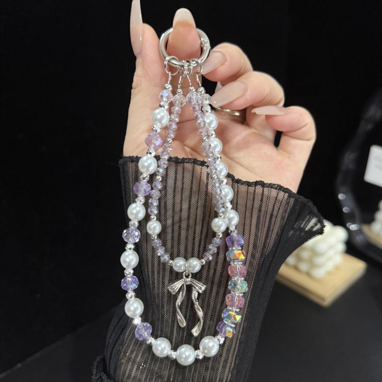 Silver Bow Pearl Double Layer Crystal Chain, Blue, Purple, Pink