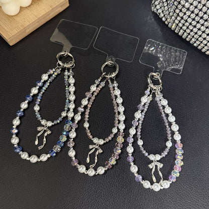 Silver Bow Pearl Double Layer Crystal Chain, Blue, Purple, Pink