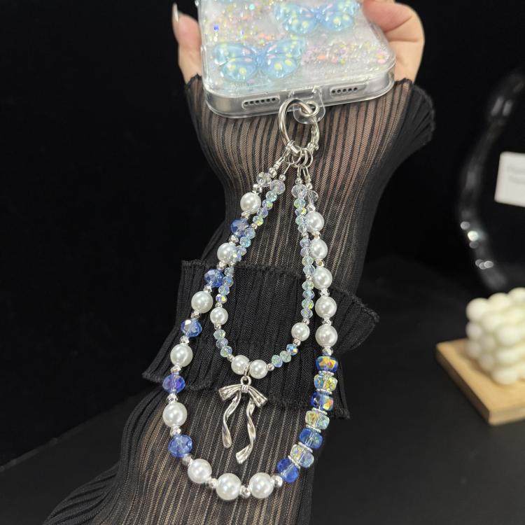 Silver Bow Pearl Double Layer Crystal Chain, Blue, Purple, Pink