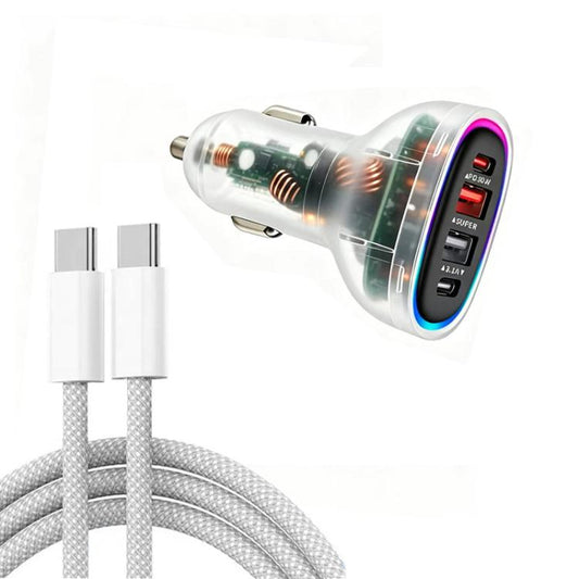 P54 75W PD3.0 USB-C x 2 + USB x 2 Car Charger with Type-C to Type-C Data Cable, with Cable
