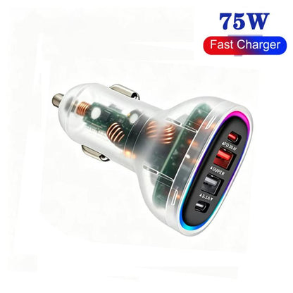 P54 75W PD3.0 USB-C x 2 + USB x 2 Car Charger with Type-C to Type-C Data Cable, with Cable