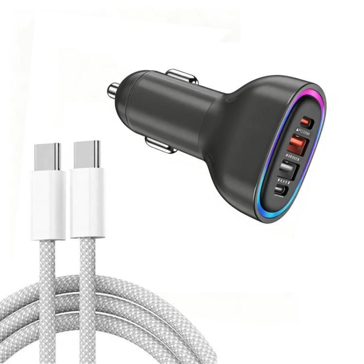 P54 75W PD3.0 USB-C x 2 + USB x 2 Car Charger with Type-C to Type-C Data Cable, with Cable