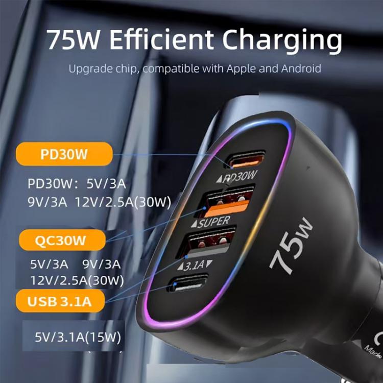 P54 75W PD3.0 USB-C x 2 + USB x 2 Car Charger with Type-C to Type-C Data Cable, with Cable