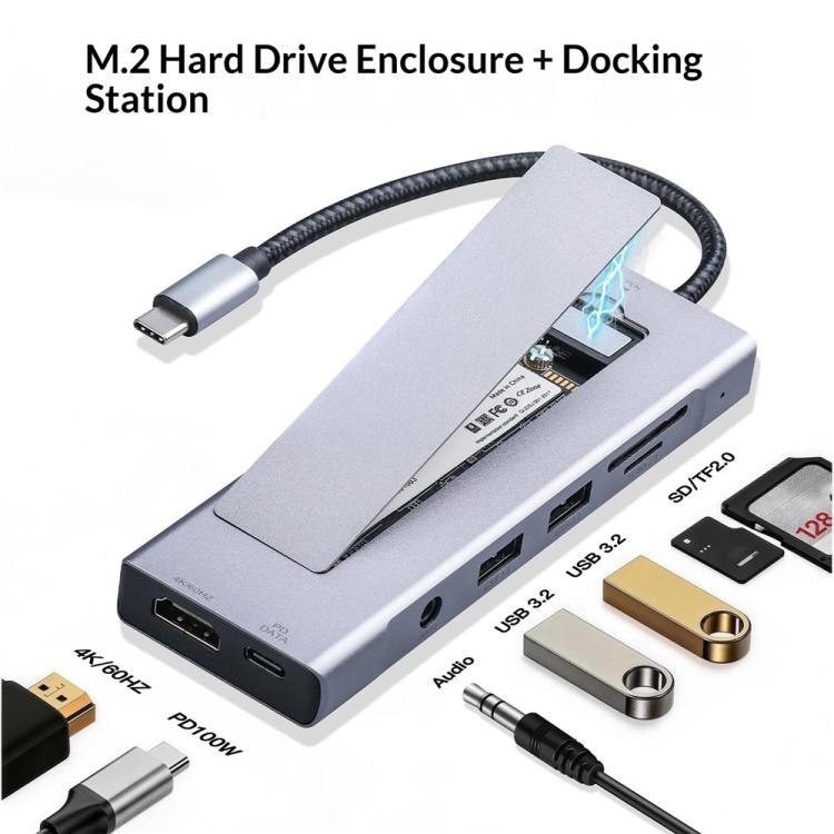 2529 Ethernet HD 4K 60Hz PD 100W 9 in 1 USB 3.2 Hub M.2 NVMe SSD Enclosure Docking Station, 2529