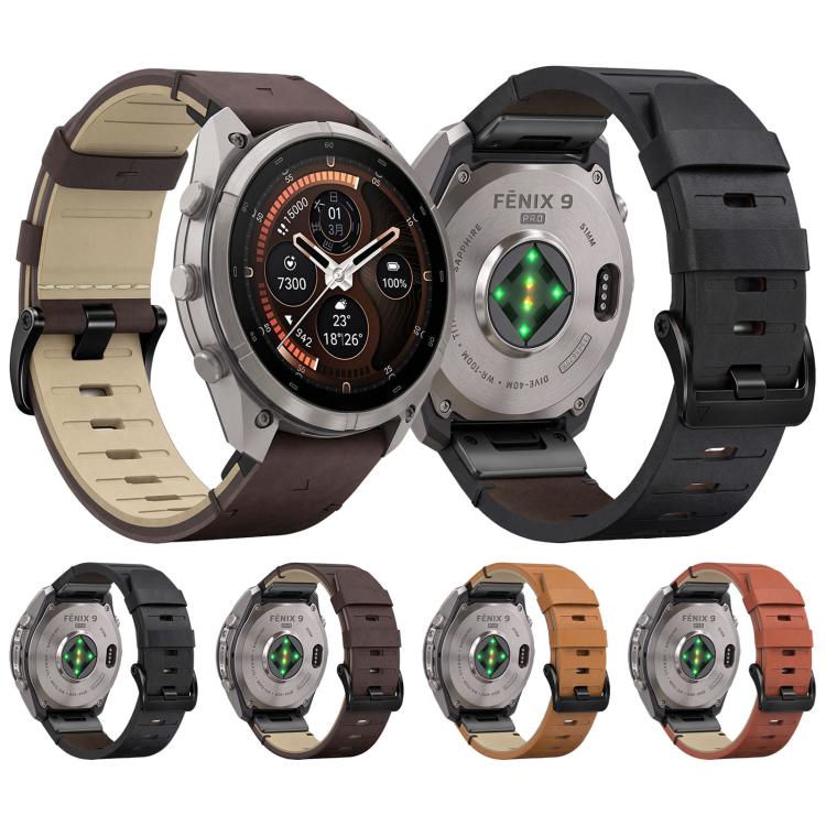 Black Pin Buckle Genuine Leather Watch Band, For Gamin 22mm, For Gamin 26mm, For Gamin 20mm