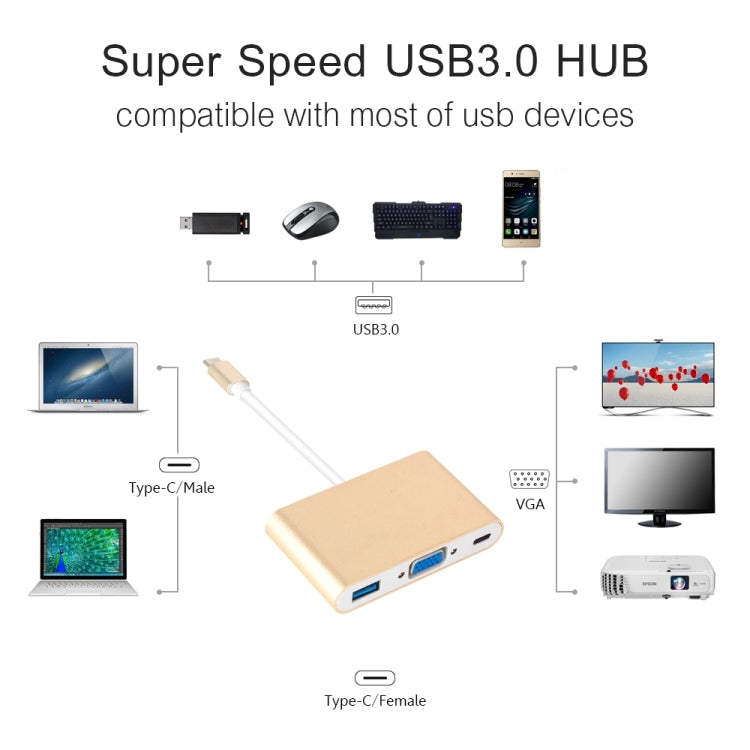 USB Type C to VGA 3-in-1 Hub Adapter supports USB Type C tablets and laptops for Macbook Pro / Google ChromeBook, VGA+USB3.0 to Type-C Gold, VGA+USB3.0 to Type-C Silver