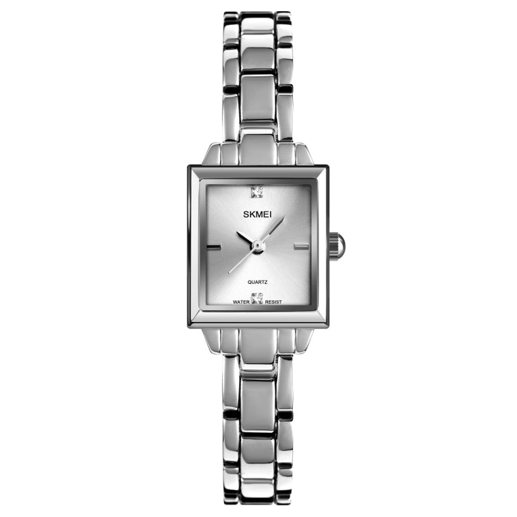 SKMEI 1407 Montre de mode professionnelle avec diamants Montre à quartz carrée en alliage de zinc délicate et élégante pour femmes, argentée