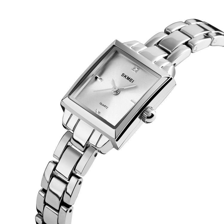 SKMEI 1407 Montre de mode professionnelle avec diamants Montre à quartz carrée en alliage de zinc délicate et élégante pour femmes, argentée