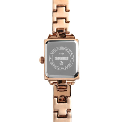 SKMEI 1407 Montre de mode professionnelle avec diamants Montre à quartz carrée en alliage de zinc délicate et élégante pour femmes, argentée
