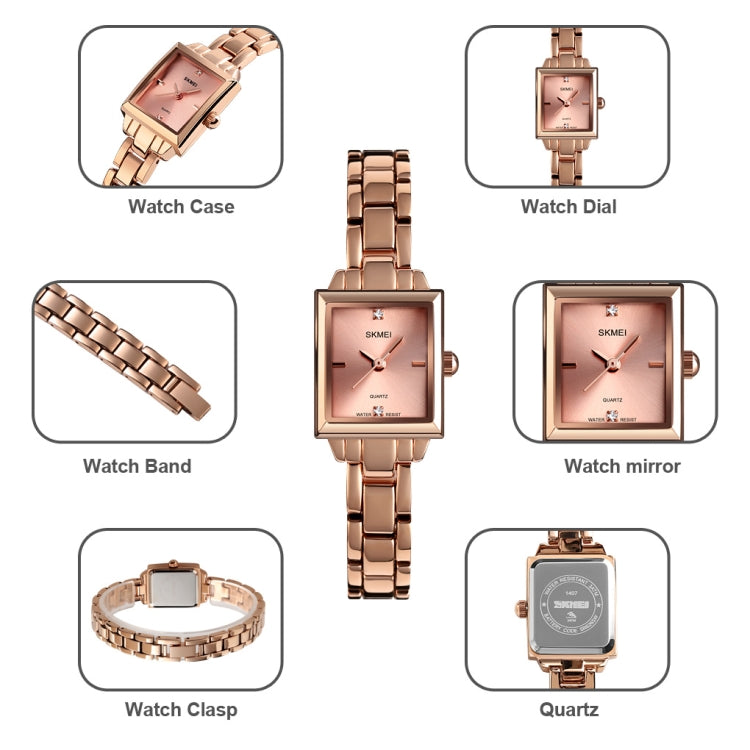SKMEI 1407 Montre de mode professionnelle avec diamants Montre à quartz carrée en alliage de zinc délicate et élégante pour femmes, argentée
