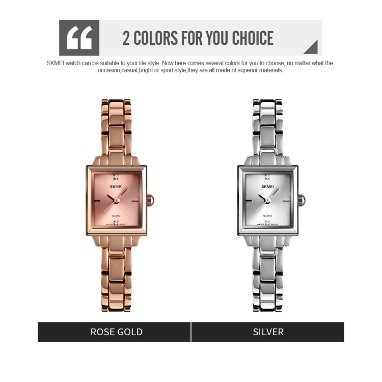 SKMEI 1407 Montre de mode professionnelle avec diamants Montre à quartz carrée en alliage de zinc délicate et élégante pour femmes, argentée