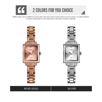 SKMEI 1407 Montre de mode professionnelle avec diamants Montre à quartz carrée en alliage de zinc délicate et élégante pour femmes, argentée