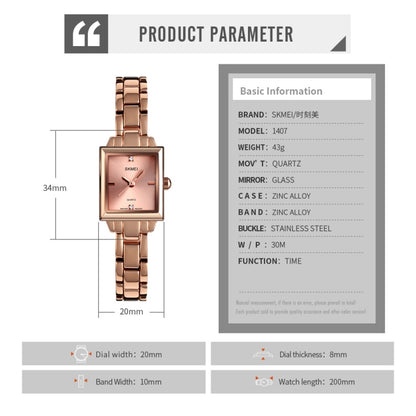 SKMEI 1407 Montre de mode professionnelle avec diamants Montre à quartz carrée en alliage de zinc délicate et élégante pour femmes, argentée