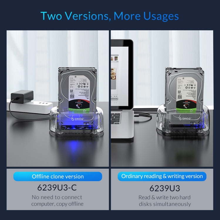 ORICO 6239U3 3.5/2.5inch 2 Bay Transparent USB3.0 Ordinary Reading & Writing Hard Drive Dock