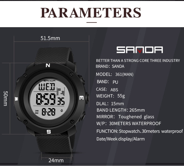 SANDA 361 Fashionable Night Light Sports Children Electronic Watch Multi Functional Personality Night Light Men Waterproof Watch